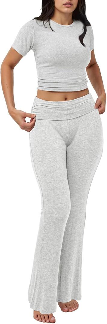 Motarto Women's 2 Piece Lounge Sets Short Sleeve Slim Fit Foldover Flare Pants Crop Top Casual Loungewear PJ (X-Large, Light Grey)