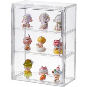 3 Tiers Clear Display Case, Plastic Storage Bins with 2 Adjustable Divider and Magnetic Door,Stackable Display Box for Figures Showcase (1pack)