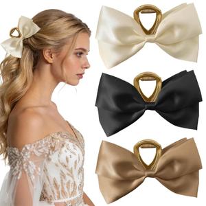 3PCS Stylish Bowknot Hair Claw Clips, Big Nonslip Black Hair Accessories for Women Girls,Satin Bows Hair Clips for Holiday Wedding Party