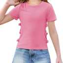 Haloumoning Girls Short Sleeve Shirts Kids Summer Casual Side Bow Knit Tops Tees 5-14 Years, Rose Red 