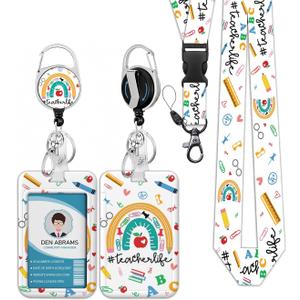 Lanyards with lD Badges,Breakaway Lanyard Strap and Retractable Badge Reel Carabiner Clip Fashionable Vertical ID Card for Woman,Teacher,Work Office - Rainbow Teacherlife