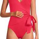 Lands' End Women's Side Tie Wrap One Piece Swimsuit 8 Coral Roses