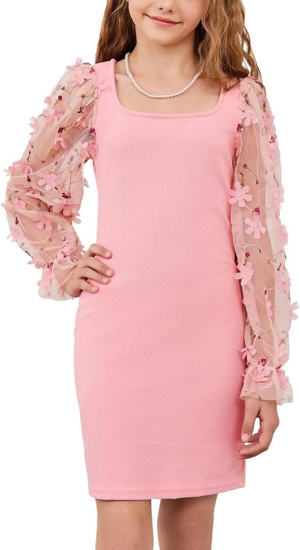 WDIRARA Girl's Sheer Mesh Flounce Long Sleeve Appliques Square Neck Dress Pink 8Y