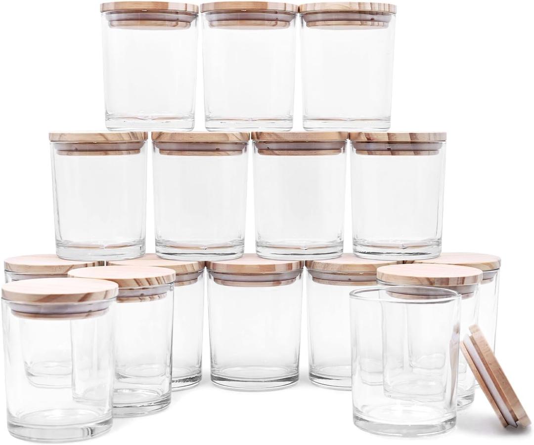 Thick Candle Jars for Making Candles 16 Pcs, 7 OZ Empty Jars with Wood Lids for Candle Making, Sample Container, Clear