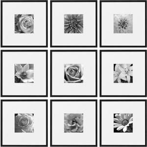 eletecpro 18x18 Picture Frames Set of 9, Classic Gallery Wall Frame Set for 8x8 Photos with Mat or 18x18 without Mat, Storyline Picture Frame for Art Prints, Black Poster Frames for Home Decor Wall