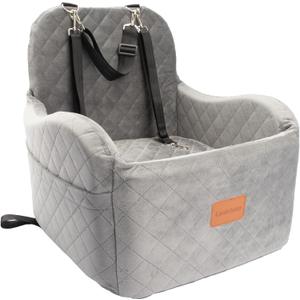 Dog Booster Car Seat for Small/Medium Dogs Up to 35lbs,Ultra Soft Fabric Covered,6in Elevated Cushion,Fully Detachable and Washable,3 Straps & 2 Pockets,Easy to Install(Grey,Medium)