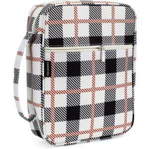 Western Plaid Zippered Bible Cover for Large Study Bibles - Fits up to 10 x 7 x 2 Inch Bibles, Vintage Beige Canvas Bible Case with Handle, Extra Deep Checkered Organizer for Men & Women