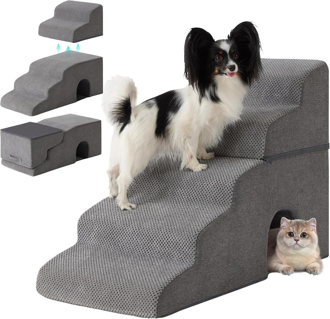 Dog Stairs for Bed 23 H, 5-Step Dog Steps for High Bed, Foldable Pet Stairs for Small Dogs and Cats to Get on Beds, Couch, Non-Slip Balanced Pet Steps and Ramp with Waterproof Cover, Grey