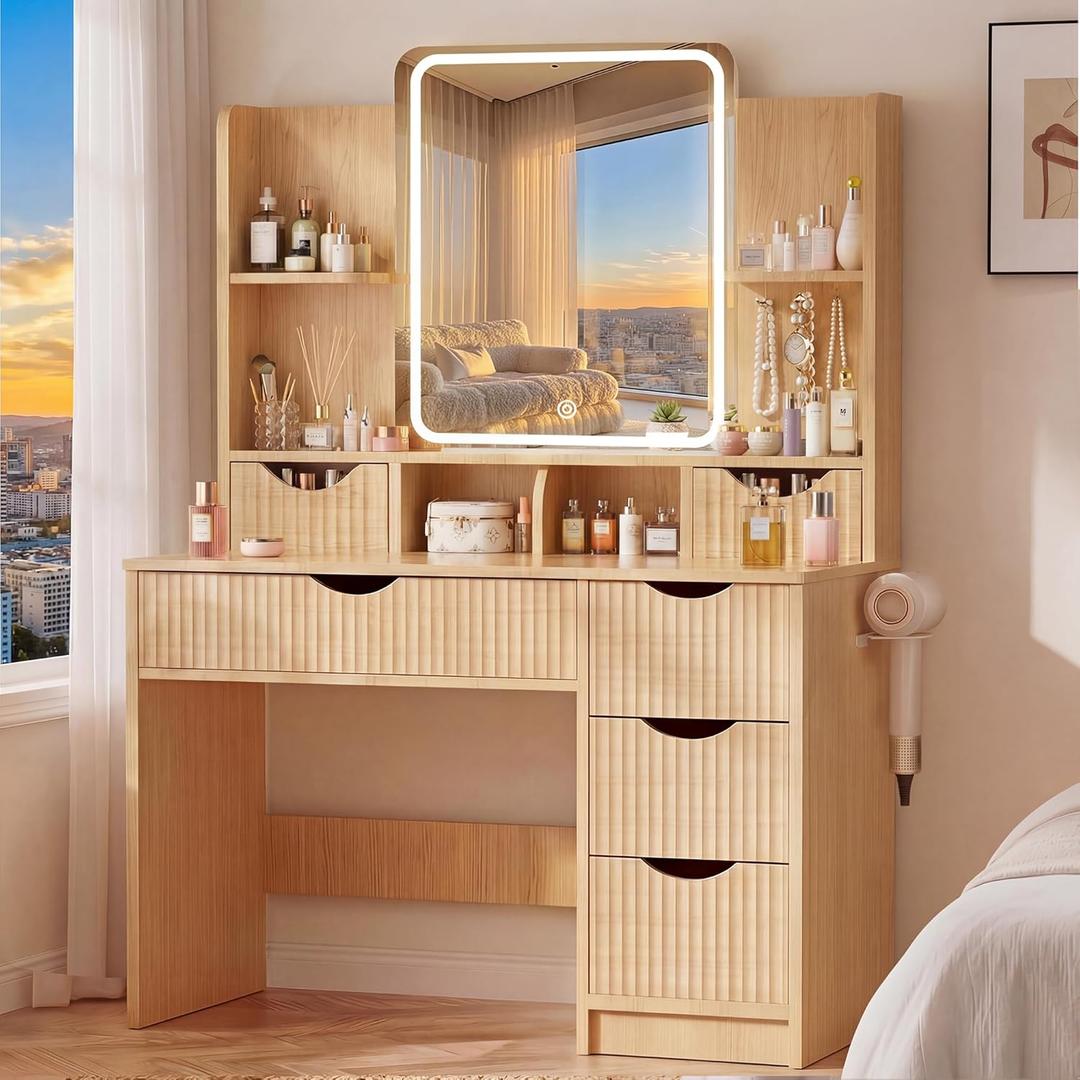 Vanity Desk with Mirror and Lights, Makeup Vanity Table with Large 6 Drawers Modern Fluted Wooden Dressing Table with Jewelry Hook 3 Color Modes Adjustable LED Mirror for Women Girls Room or Dorm