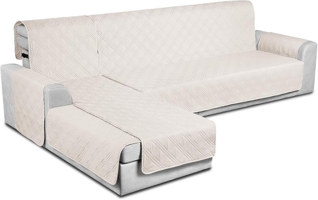 TAOCOCO Waterproof Sectional Sofa Covers 3pcs L Shaped Couch Covers Reversible Chaise Lounge Slipcover Pet Covers for Sectional Sofa L Shape Furniture Protector with Elastic Straps(Large, Cream)