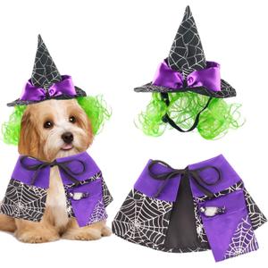 ADOGGYGO Dog Halloween Costume Purple Witch Pet Costume Halloween Cloak Witch Hat Costumes for Small Medium Dogs Pets