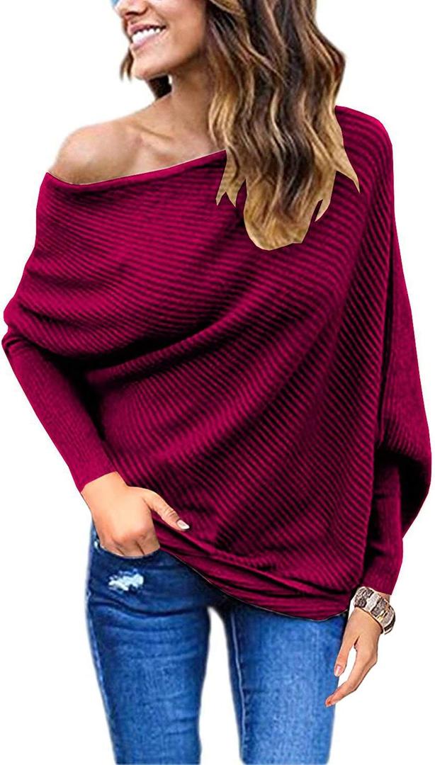 GOLDSTITCH Women's Off Shoulder Batwing Sleeve Loose Pullover Sweater Knit Jumper Oversized Tunics Top (Medium, Red)