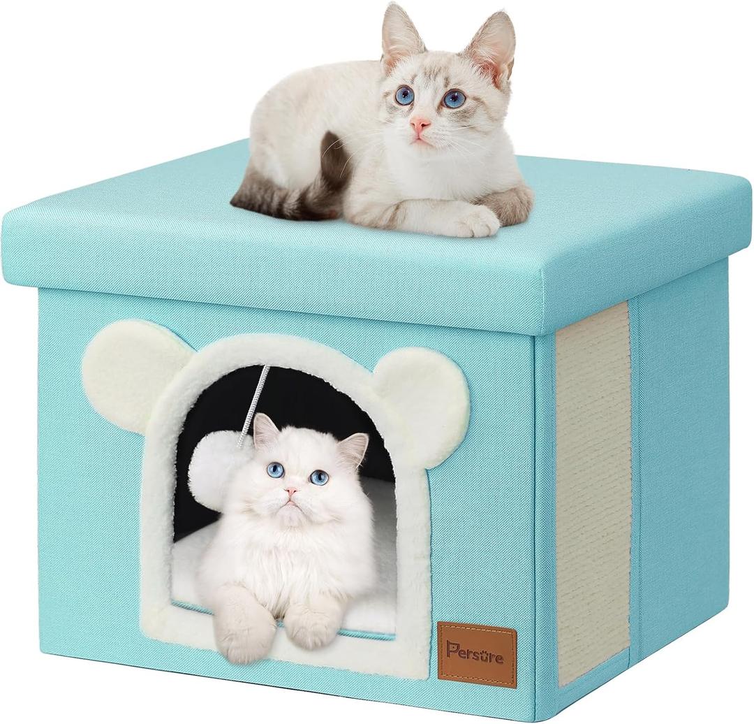 Covered Cat House Cat Bed for Indoor Cats Multifunctional Living Room Footstool Kitty Condo with Double-Sided Mat and Cat Scratching Board(Mint, Footstool)