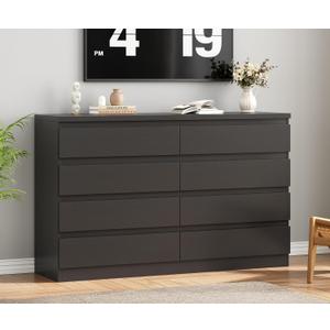 Modern Black 8 Drawer Dresser for Bedroom, 15.3" D x 55.2" W x 32.3" H Simply Chest of Drawers, Wood Storage Dresser with Deep Drawers for Living Room Hallway Entryway, Black