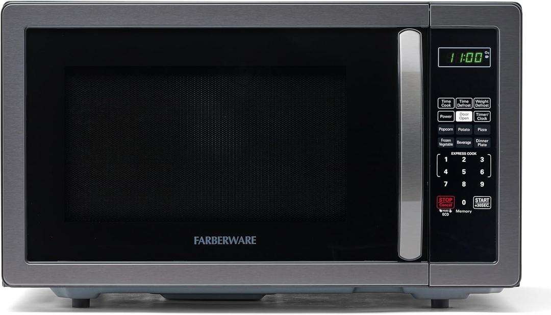 Farberware 1.1 Cu. Ft. Countertop Microwave Oven  1000 Watts Power, Auto Cook Settings, Defrost, Easy Clean and Child Safety Lock - Stainless and Black