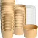 ESSENTIAL Paper Ice Cream Cups with Lids, 50pcs 8oz Disposable Dessert Bowls with Lids for Hot or Cold Food, Paper Snack Containers for Sundae, Frozen Yogurt, Soup (Brown)