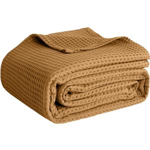 100% Cotton Blankets Queen Size for Bed - Waffle Weave Blankets for Summer, Lightweight and Breathable Soft Woven Blanket for Spring, White, 90x90 Inches (Beige, Queen (90" x 90"))