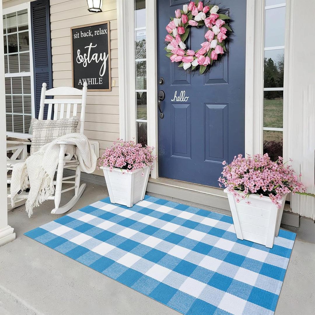 Ckorzen Blue and White Plaid Rug, 3' x 5' Spring Outdoor Front Porch Door Decor Mat, Washable Cotton Woven Farmhouse Area Rug for Layered Door Mats Carpet, Entryway, Easter Dcor