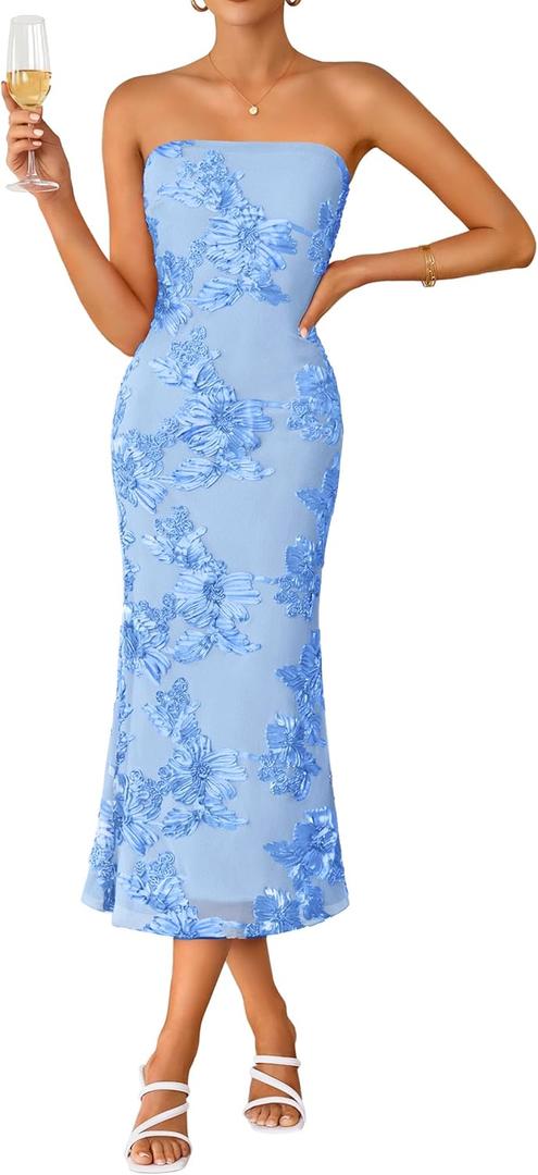 ZESICA Cocktail Wedding Guest Dresses for Women 2026 Summer Strapless Floral Bodycon Mesh Tube Formal Party Midi Dress (Blue, M)