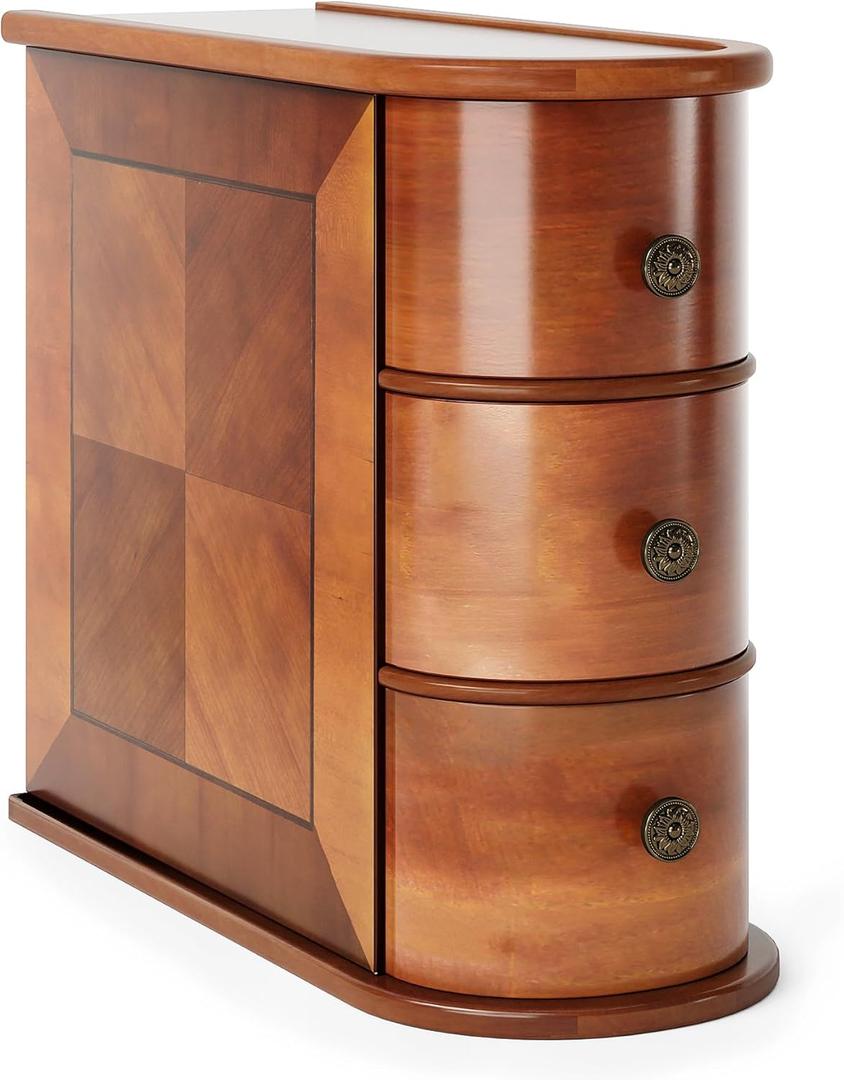 LITTLE TREE End Table with 3 Drawers, No Assembly Required Side Table for Living Room, Vintage Brown Wooden Chair Side Table with Closed Back, Slim Nightstand Bedside Table for Bedroom