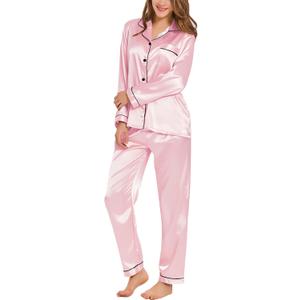 SWOMOG Womens Silk Satin Pajamas Set Long Sleeve Button Down Sleepwear 2 Piece Lounge Set Pj Set XS-3XL (Large, Pink)