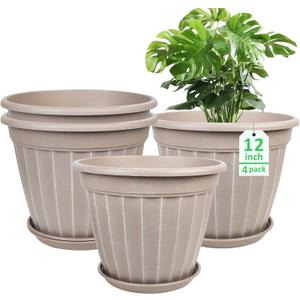 FGstyle 12 Inch Pots for Plants,4 Pack Tall Planters,Large Flower Pots with Drainage Hole & Saucer,Decorative Outdoor Planter for Planting Medium Large Plants(Beige