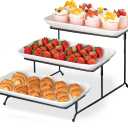Delling Large 3 Tier Serving Tray Set, 14 Inch Tiered Serving Stand, Sturdier Rack with 3 Porcelain Serving Platters, Suitable for Dessert Table Display Set, Serving Dishes for Entertaining