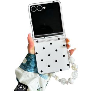 Woman Cute Wristband Case for Samsung Galaxy Z Flip 7 Spotted Design, Kawaii Girls Hinge Protection Cover with Charm, Dots Lovely Strap Case for Galaxy Z Flip 7 -White