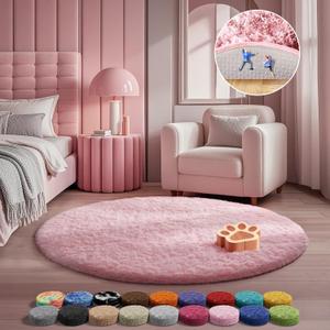 Ophanie Pink Round Rug for Bedroom Girls, Kids Fluffy Kawaii Fuzzy Shag Circle Circular Area Rugs, Cute Plush Christmas Small Carpet 4Ft 4 Foot, for Teen Baby Nursery Home Living Room Decor Aesthetic