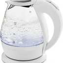 OVENTE 1.5L Glass Electric Kettle with Blue LED Light, 1100W Lighted Countertop Water Heater and Boiler for Coffee or Tea, Auto Shut-Off, Boil Dry Protection and Stainless Steel Lid, White KG845W