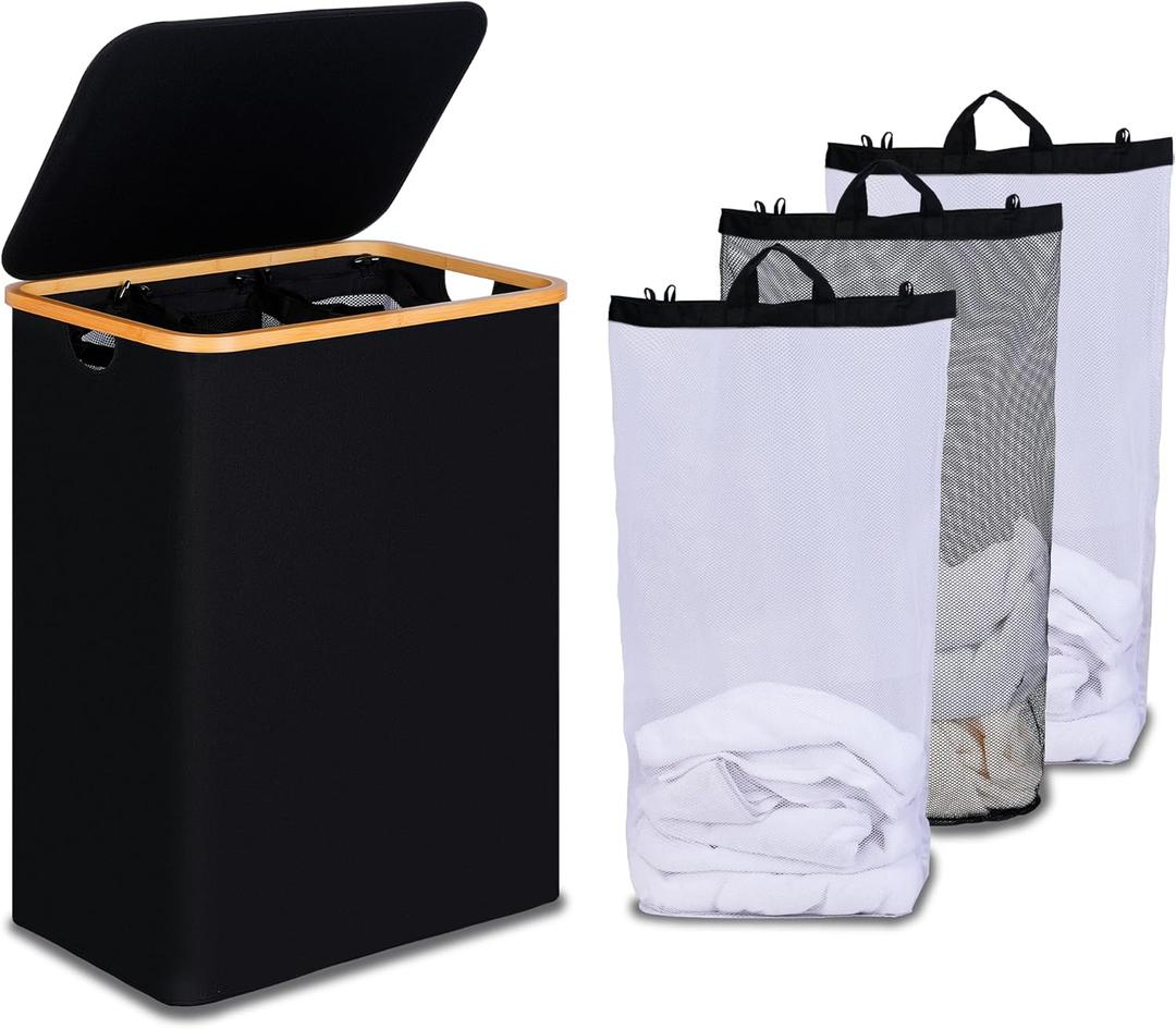 efluky Laundry Hamper with Lid, Trio Laundry Hamper with 3 Removable Bags, 3 Section Laundry Basket with Bamboo Handles for Bathroom, Bedroom & Laundry Room, 160L Black