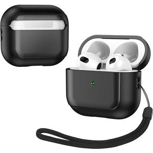Case Compatible with AirPods 3rd Generation, Premium PU Leather Shockproof Protective Cover with Lanyard for Men & Women Headphone Cases Covers Black