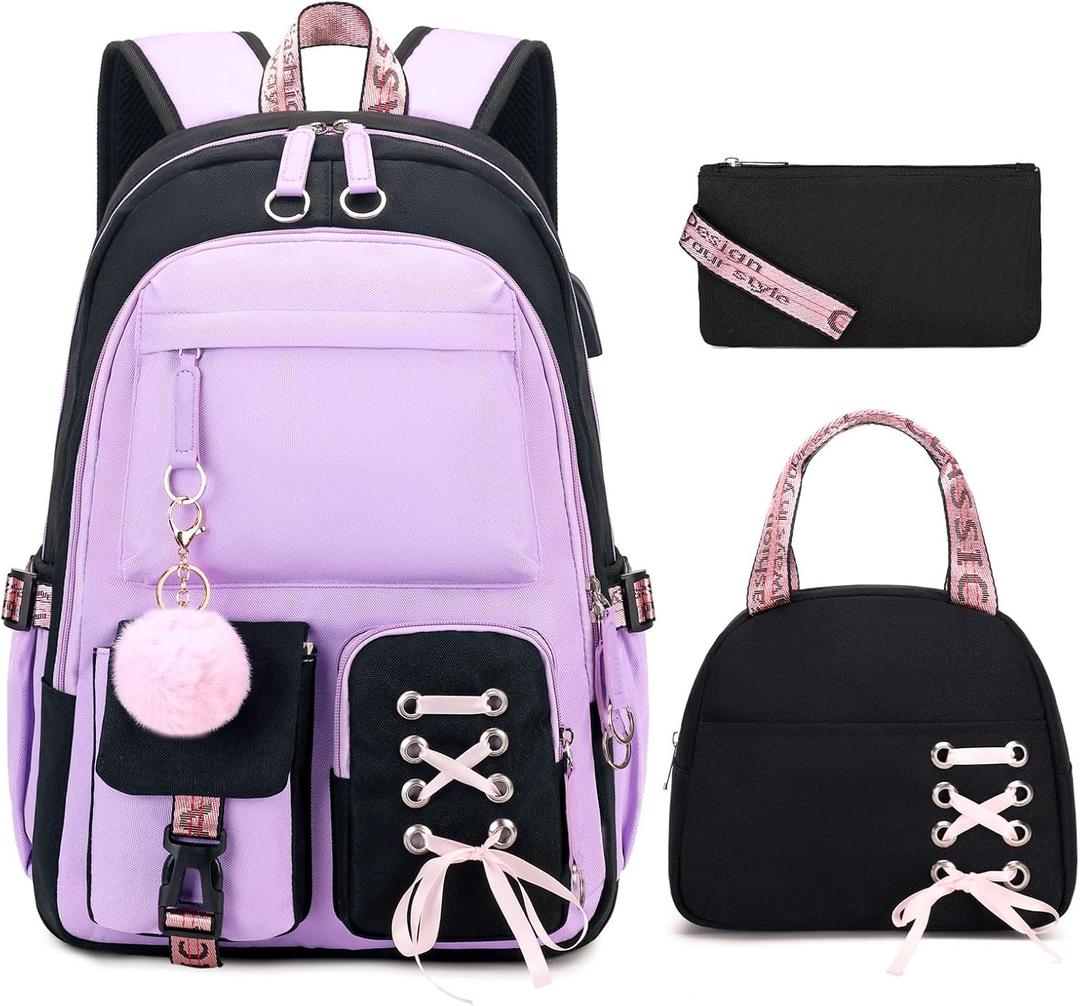 ACESAK Backpacks for Girls, Girls Backpack with Lunch Box and Pencil Case for Teen Kids Elementary Middle High School College Student, Children School Backpack Bookbag with USB Charging Port (Purple)