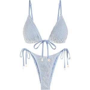 ZAFUL Women Triangle String Two Piece Bikini Fishnet Mesh Tie Shell Decor Tanga 2 Piece Swimsuit (Large, 1-light Blue)