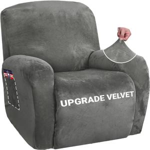 ZNSAYOTX Stretch Velvet Recliner Cover 4-Pieces, Thick Soft Recliner Chair Slipcover with Pocket, Non-Slip Elastic Bottom for Kids Pets, Luxury Plush Reclining Protector Comfy Washable (Grey)