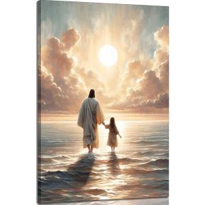 Jesus Canvas Wall Art Jesus With Girls Walks On Water Painting Picture Wall Decor Christian Art Decor Religious Poster Print Artwork for Living Room Bedroom Church Home Decoration (24"L x 16"W)