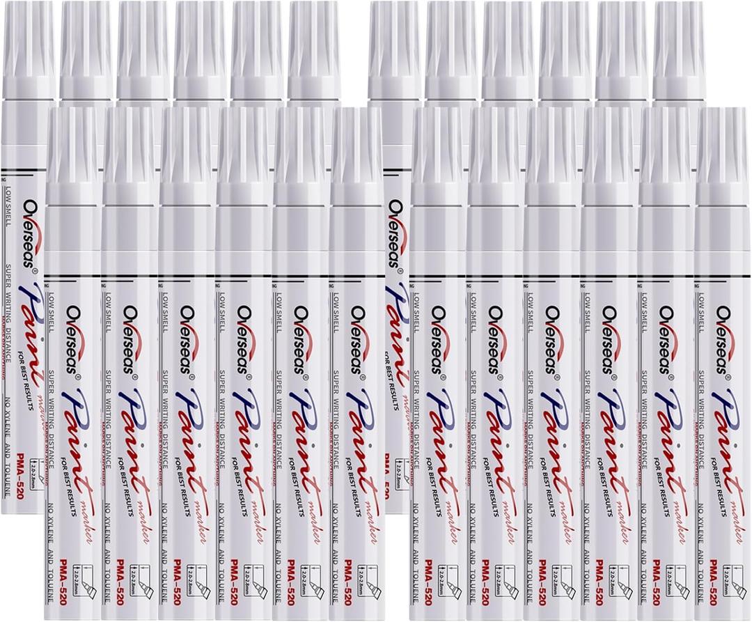 Overseas White Paint Pens Permanent Markers 24 Pcs, Oil Based Paint Markers Set, Quick Drying, Waterproof, Medium Tip Marker Pens for Metal, Rock, Wood, Plastic, Canvas, Glass, Stone, Rubber, Paper