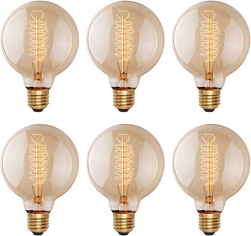 Edison Incandescent Light Bulbs 60 Watt, G25(G80) Vintage Light Large Bulb, 6-Pack Globe Bulbs 2100K Warm White, E26 Medium Base Dimmable, 240 Lumens Filament, Vanity Light Bulbs for Bathroom (Amber Glass-2100k)