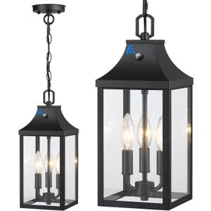 Large Outdoor Pendant Light Fixtures 3-Light, 15'' Dusk to Dawn Exterior Hanging Lantern Porch Light Adjustable, Black Hanging Lamp Farmhouse Exterior Chandelier Ceiling Mount for Entrance Patio