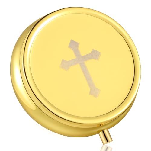 Weysat Pyx for Communion Host Catholic Polished Gold Brass Latin Cross Pyx/keepsake Box for Holy Communion Priests Deacons Eucharist Holy Gift,1.97 Inch(Classic)