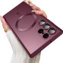 LEKEVO Magnetic for Samsung Galaxy S22 Ultra Case [Compatible with MagSafe][Built-in Camera Lens Protector] Slim Soft Silicone Bumper Shockproof Metallic Luster Phone Case (Burgundy)