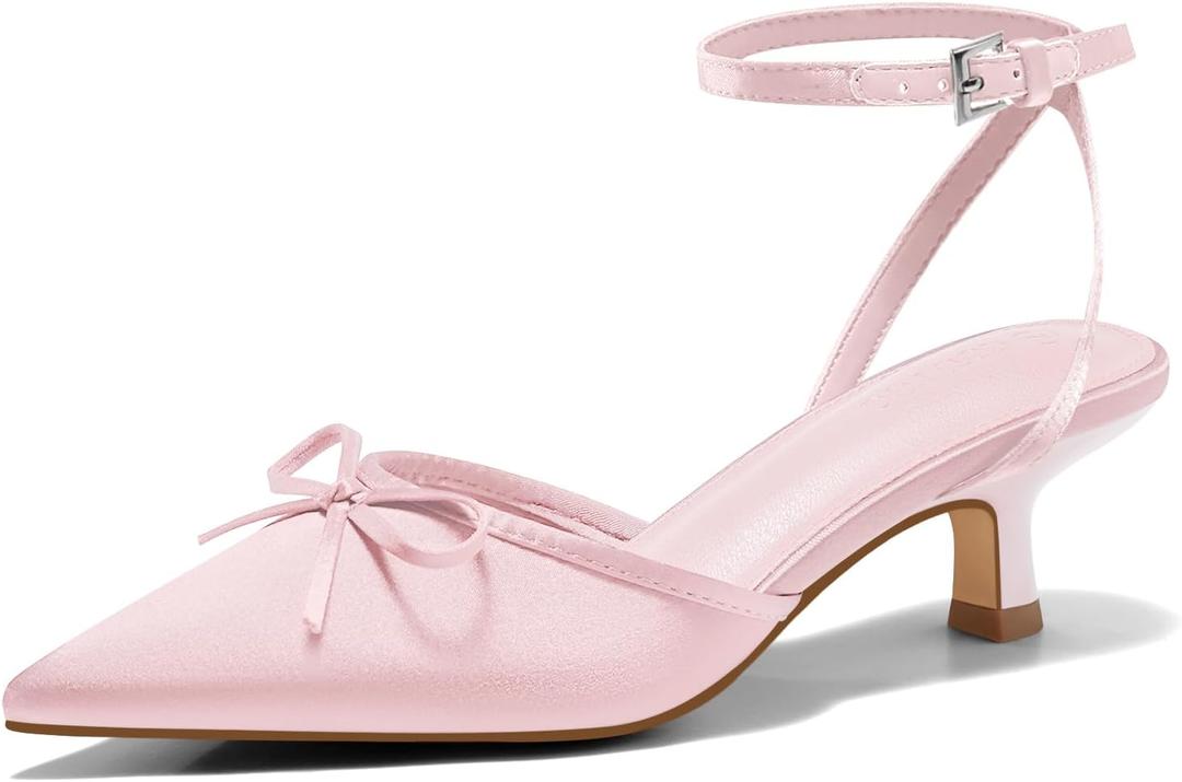 Coutgo Satin Kitten Low Heels with Bow Closed Pointed Toe Short Pumps Dress Wedding Party Shoes (Pink, 7)