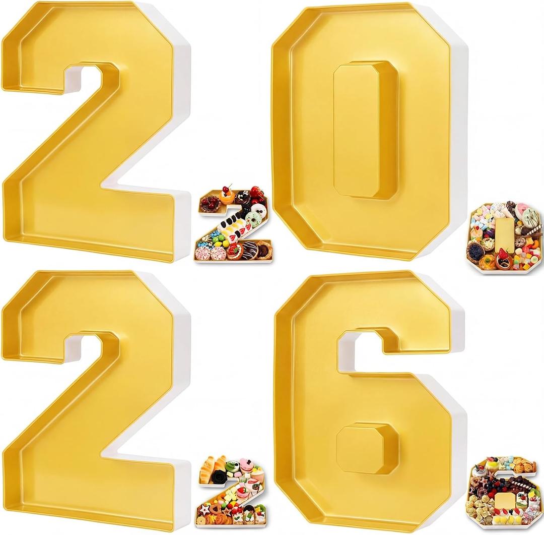 Tellingyou 2026 Charcuterie Number Fillable Plastic Boxes 13.7" Graduation Large Fillable Tray Numbers for Chocolate Candy Snack Grad Party Supplies(Gold)