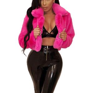 Ophestin Women Solid Color Long Sleeve Shaggy Lapel Faux Fur Coat Short Jacket Outwear Warm Winter (Rosy, XL)