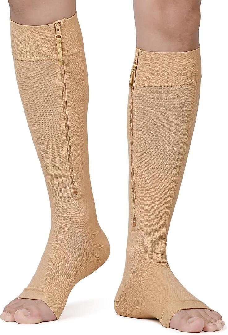 NURCOM Zipper Copper Compression Socks Open Toe Beige 20-30 mmHg Knee High Stockings, Designed for Circulation, Varicose Veins, Swelling, Venous Insufficiency, Post-Operative Recovery, 2X-Large