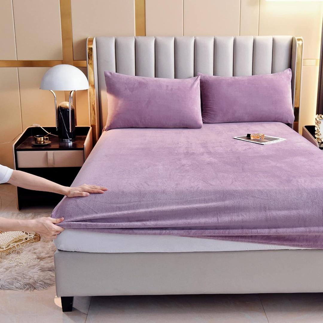 LweiPsqLin Velvet Fitted Sheet,Fleece Plush Bed Sheet Mattress Protector Cover with 15'' Deep Pocket Warm Fuzzy Bottom Sheet (Not Include Pillowcases) (Lavender, Full)