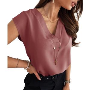 Lynwitkui Women's V Neck Chiffon Blouses Cap Sleeve Shirts Casual Loose Work Office Solid Tops