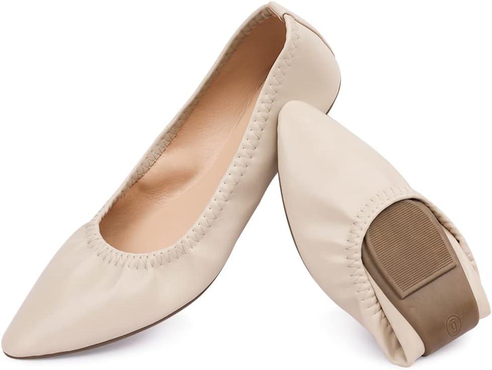 Women's Ballet Flat Slip On Flats - Classic Casual Dress Shoes, Foldable Portable Travel Ballet Walking Shoes, Beige, 7