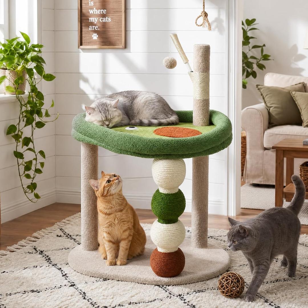 Small Cat Tree, 28" Cat Tower for Window Viewing, Beige and Green