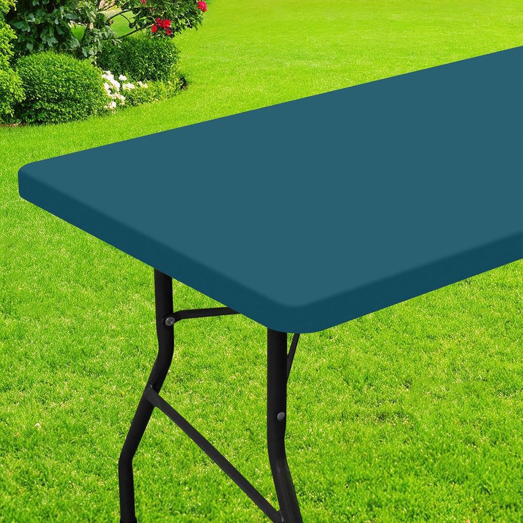 Smiry Rectangle Picnic Table Cloth, Waterproof Elastic Fitted Tablecloths for 6 Foot Tables, Washable Polyester Table Cover for Camping, Indoor and Outdoor (Peacock Blue, 30"x72")